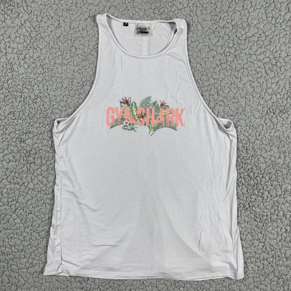 Gymshark White Tank Top with Pink Logo and Green Floral Accents